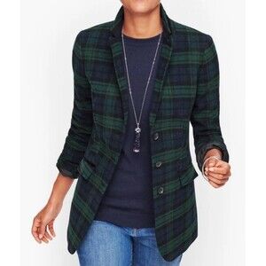 Talbots 6P Green Black Watch Tartan Plaid Long Wool Blend Blazer Jacket NEW